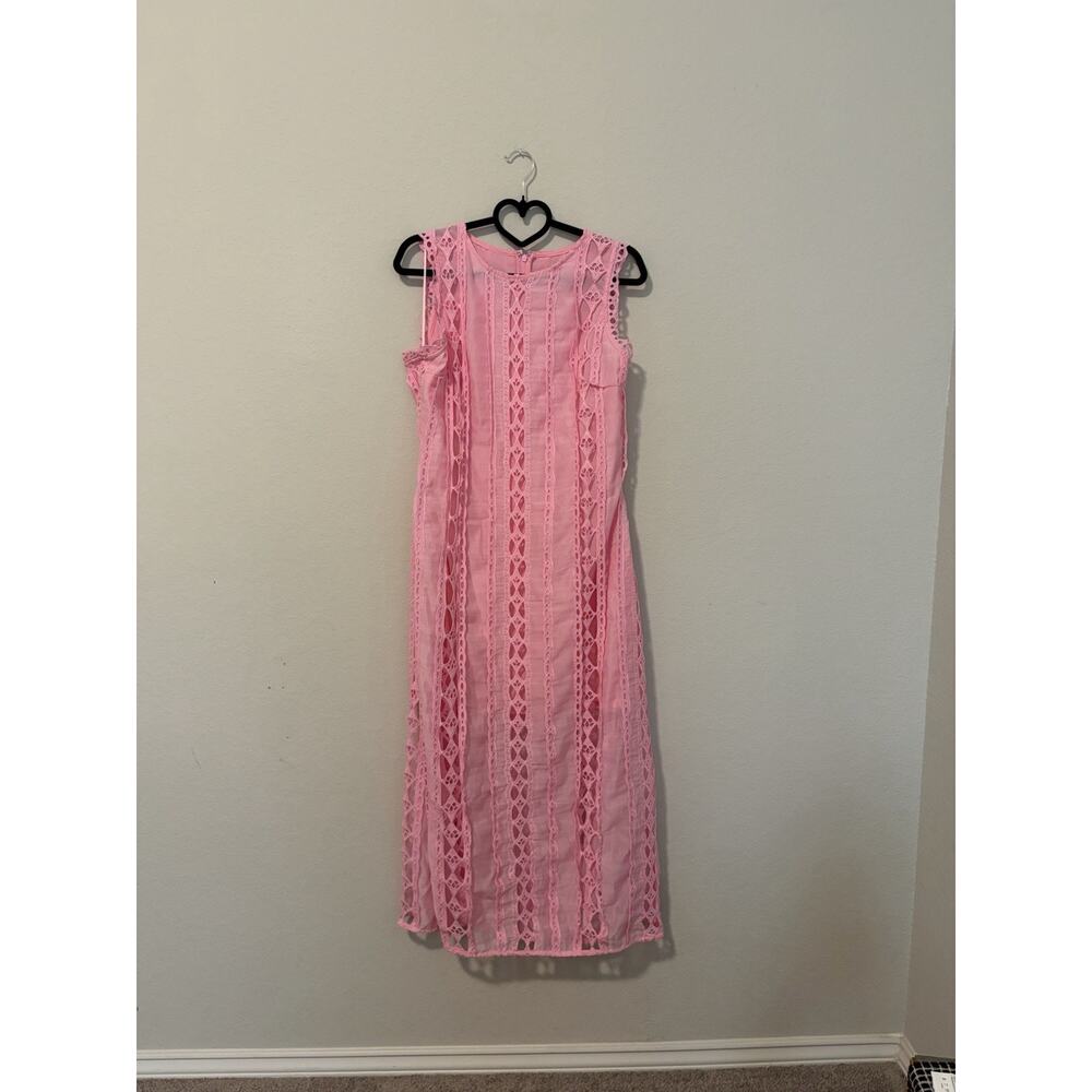 Endless Rose Pink Lace Overlay Dress Round Neck Lined Midi Sleeveless Sz L - Picture 3 of 16
